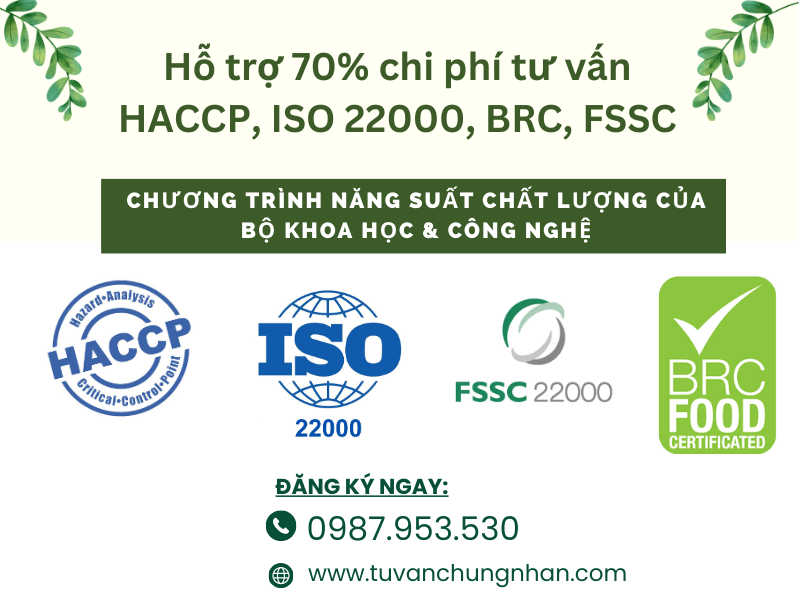 hỗ trợ 70% chi phí triển khai haccp, iso 22000, fssc, brc